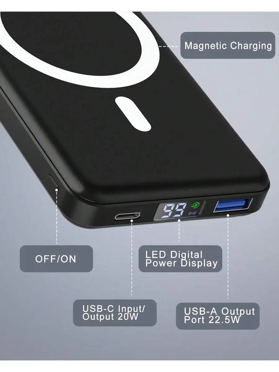 10000mAh Magnetic Power Bank With Type-C Cable LED Display 22.5W PD Fast Charging Wireless Portable Charger For iPhone iPad