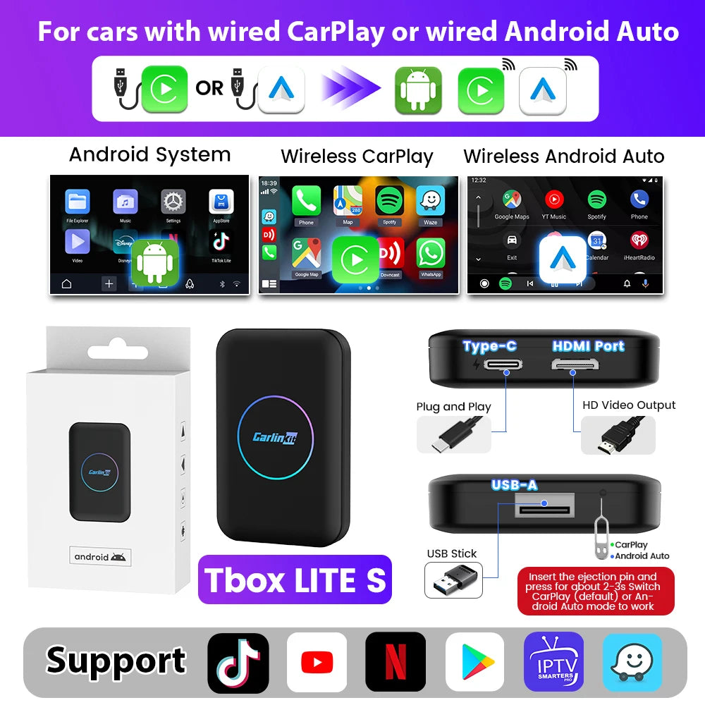 CarlinKit 5 in 1 LITE S Android TV Box Wireless Carplay Android Auto For Youtube Netflix Iptv HD Output 5GHZ WIFI  Plug And Play