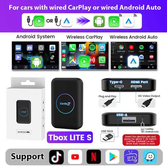 CarlinKit 5 in 1 LITE S Android TV Box Wireless Carplay Android Auto For Youtube Netflix Iptv HD Output 5GHZ WIFI  Plug And Play
