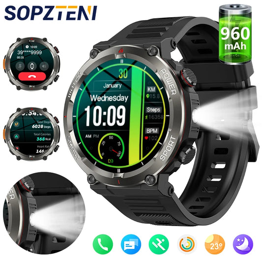 Pro Outdoor Smart Watch with Flashlight 960mAh Large Battery Life Bluetooth Call Sport Watches for Man Woman Gifts