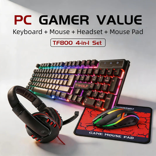 4 in 1 Gaming Combo Set RGB Keyboard Mouse Headset Large Mousepad Wired USB Rainbow LED Back to School PC Gamer Kit for Desktop Laptop