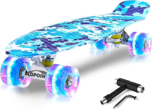 22" Complete Mini Cruiser Skateboard for Kids with Colorful Flashing Wheels and Tool, Ideal Gift