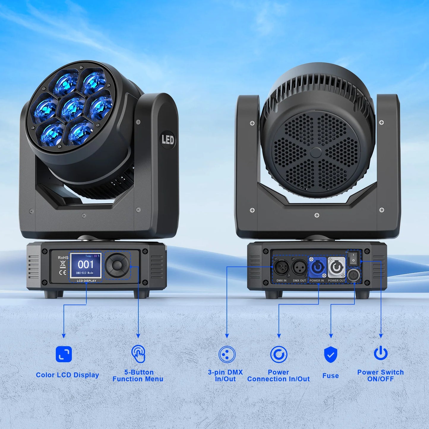 Yiflamefly 300W Wash Beam Moving Head Light 7X25W  Zoom Stage Lights  Light For Christmas wedding Party