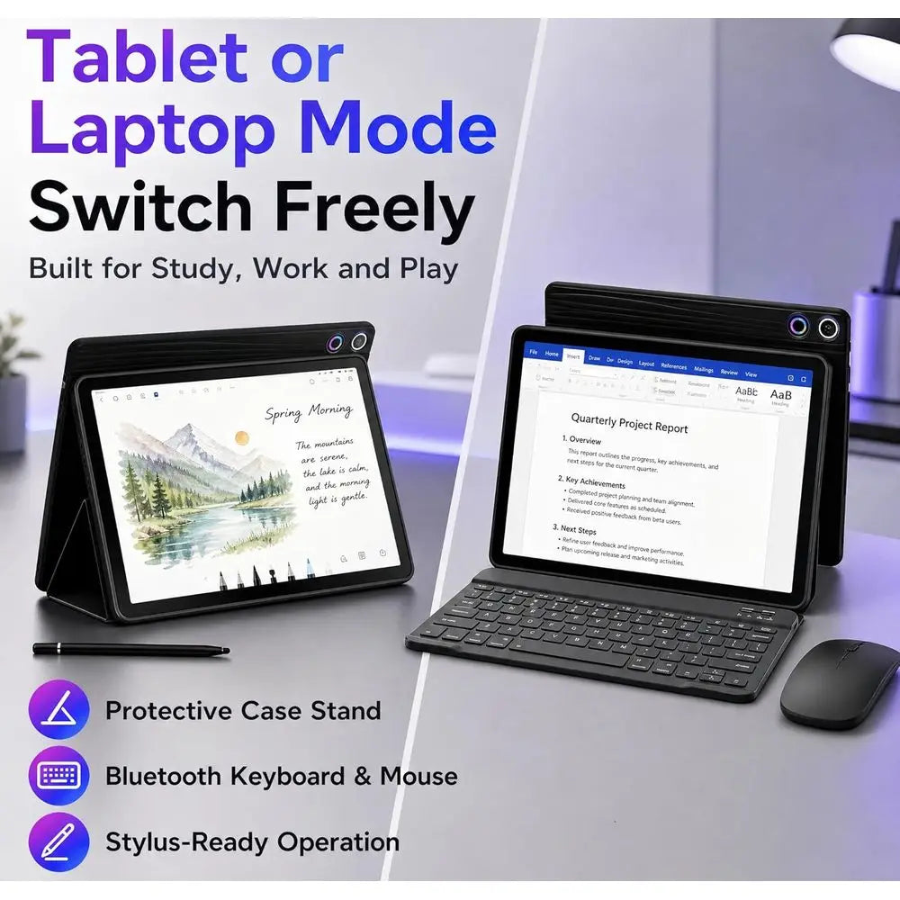 10.1 Inch 2-in-1 Tablet with Keyboard, Wireless Mouse, Stylus, Case, Dual Cameras, 64GB+1TB Storage, 5G, Ideal for Portable Work