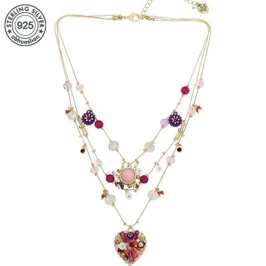 Silver, Multi-layer heart bead set, Bohemian style, pendant set with natural stones,