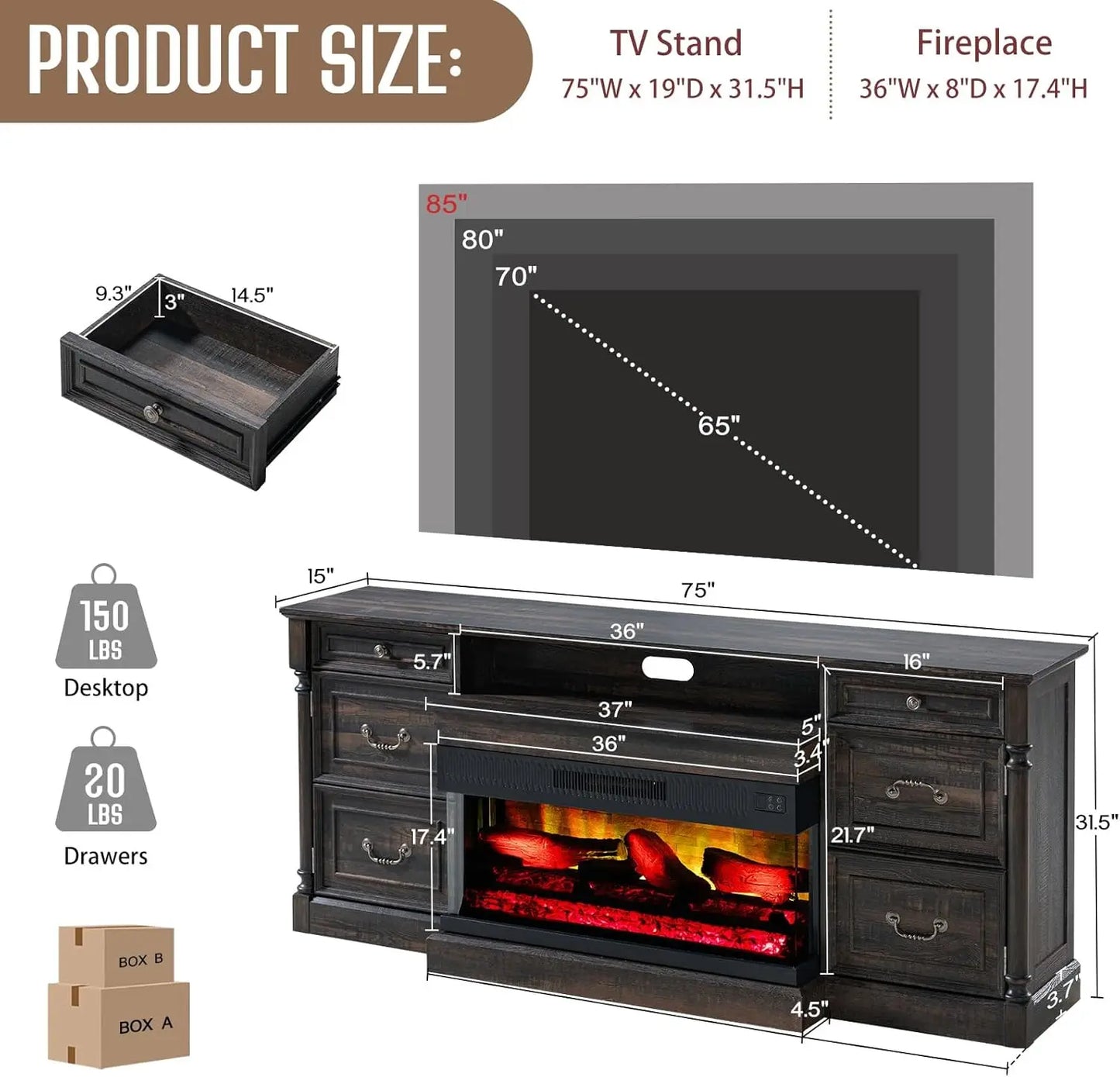 36 inch 3-Sided Glass Fireplace, 75 inch Large TV Console,