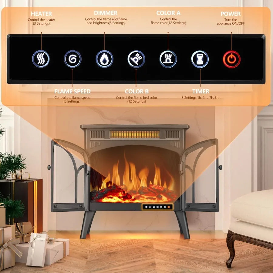 Electric Fireplace Stove Heater with Remote Control for Living Room or Bedroom