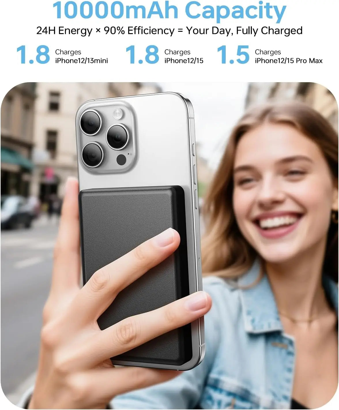 Power Bank, Ultra Slim, Fast Wireless Charger with USB-C Cable for iPhone 17/16/15/14/13/12 Series, All-Metal Design, Black