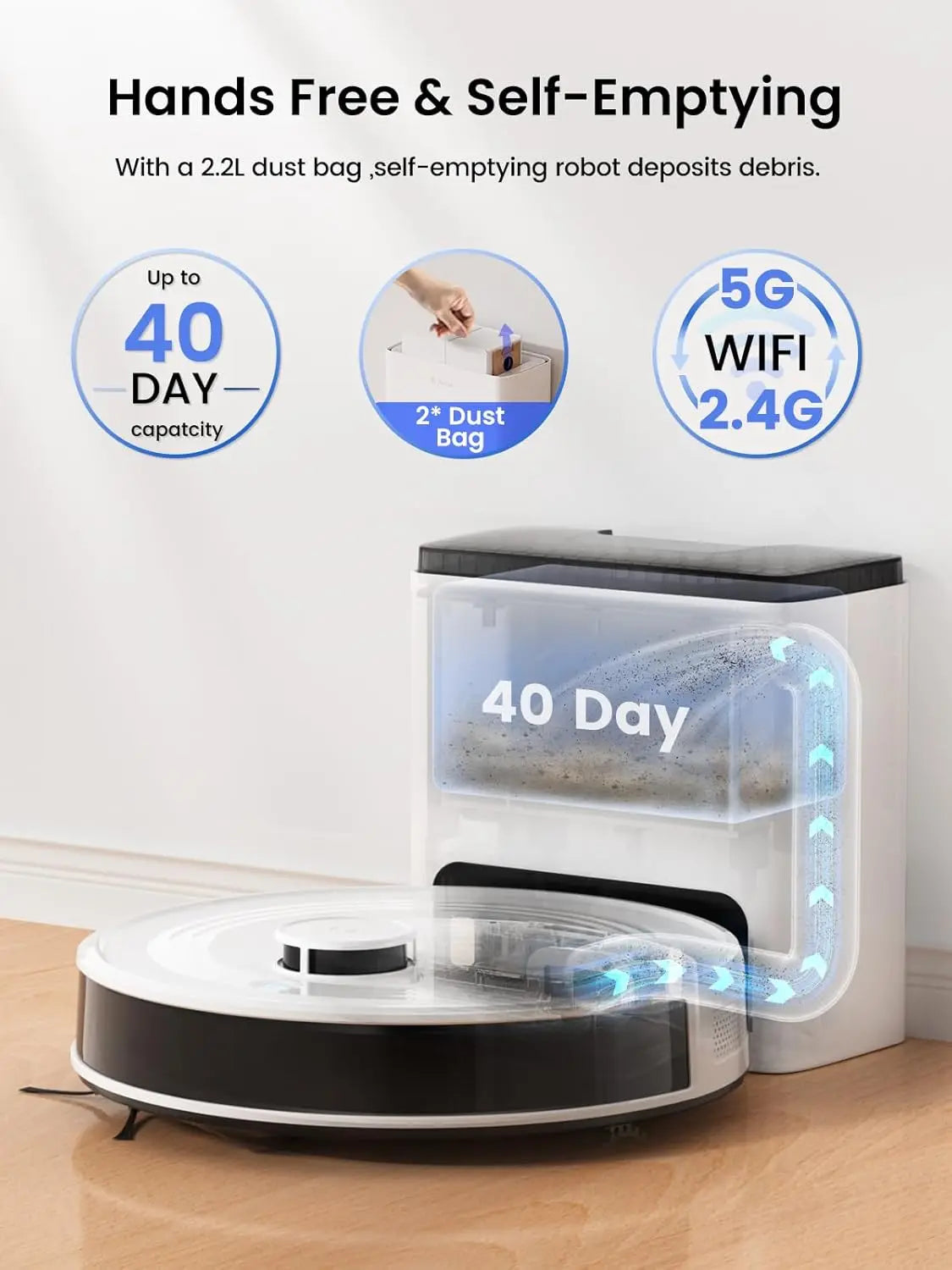 Lefant   M2L Plus Robot Vacuum and Mop, 75-Day Self-Emptying, 6000Pa Strong Suction, Customized Cleaning, Multi-Floor Mapping, 130 Min Runtime, 2.4G/5G WiFi/Alexa/APP/iWatch