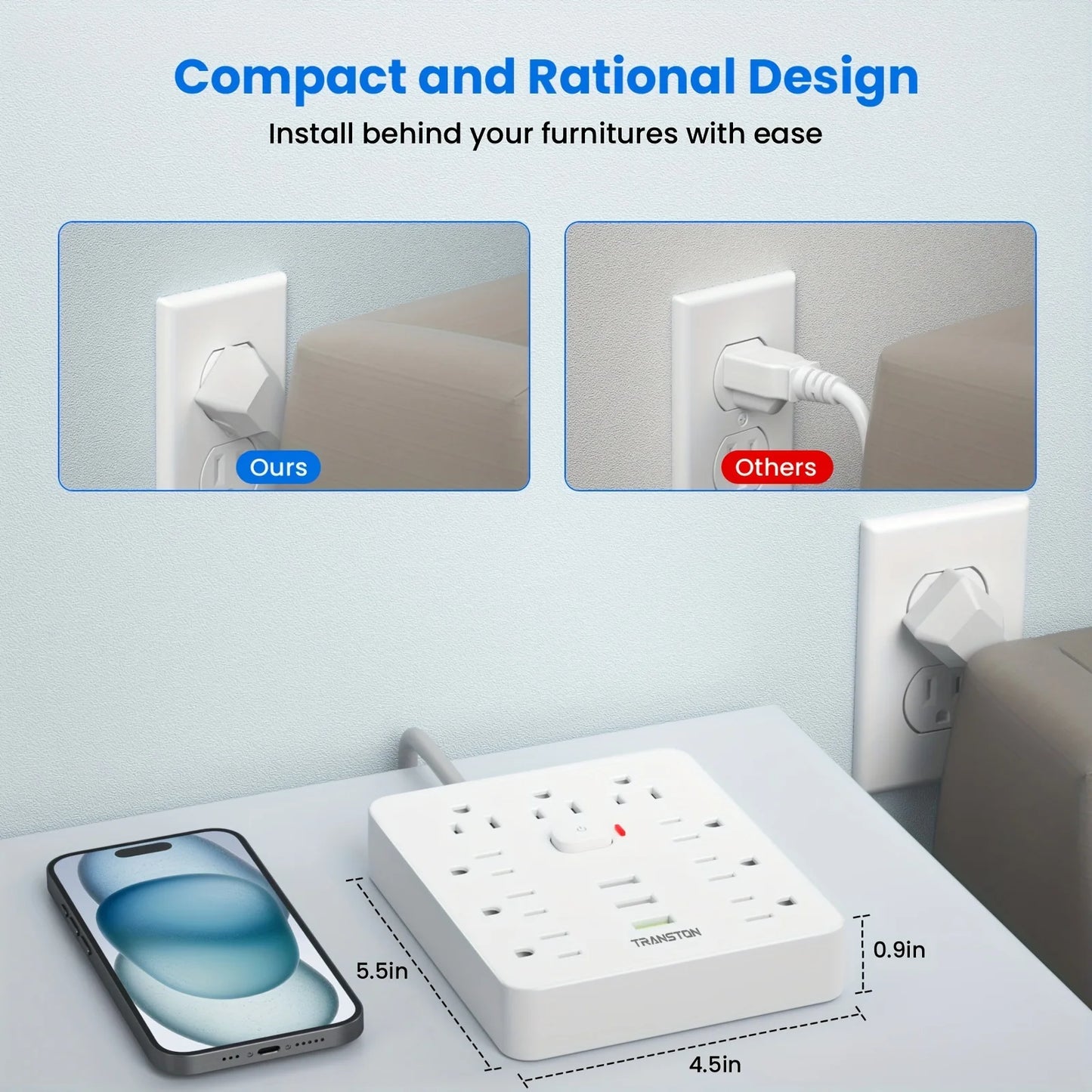 TRANSTON   Power strip with Surge Protector, 9 power strip   3 USB Ports,