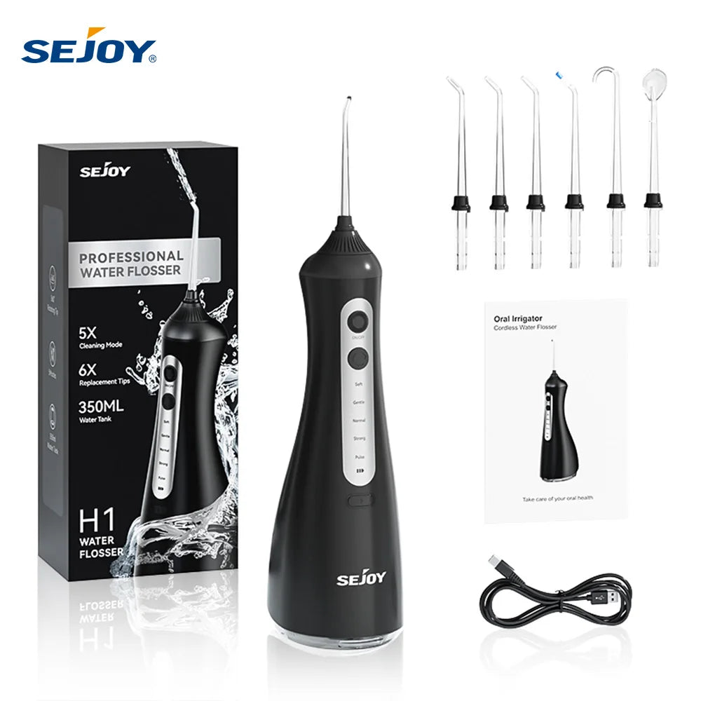 Sejoy Electric Oral Irrigator Water Dental Flosser Pick for Teeth Cordless 350ML Water Tank,6 Cleaning Modes, IPX7 for Home