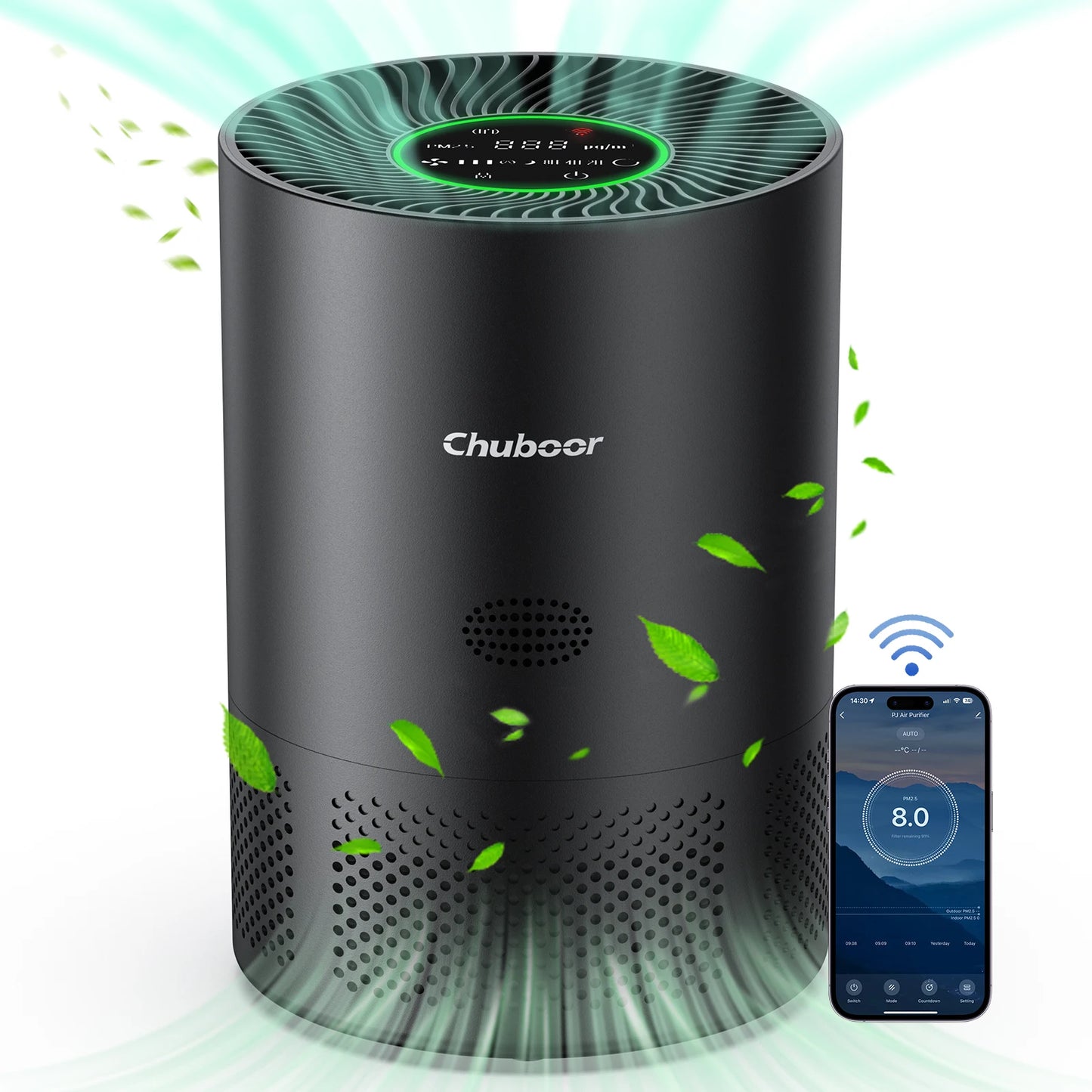Chuboor Air Purifiers for Home H13 True HEPA for Bedroom Room kitchen washroom for Smoke and Dust Pollen Odors PM2.5 Detection 185m ³/h CADR supports Tuya app for 30-40 square meters of Clean Purifier Effectively improve air