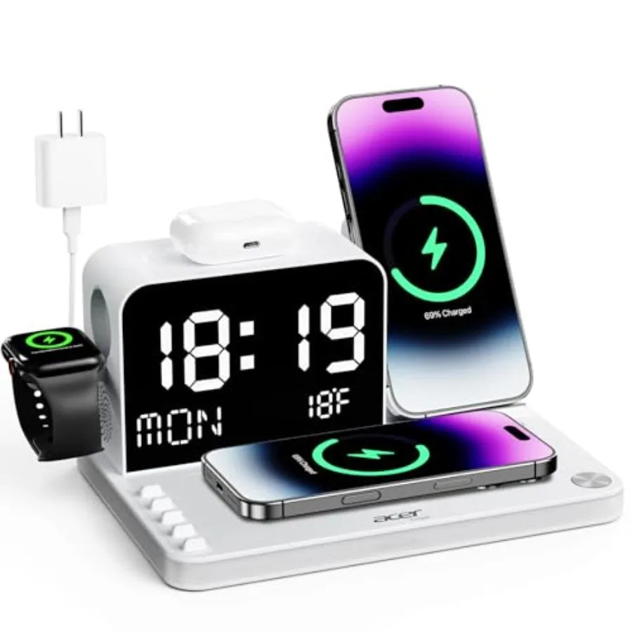 7-in-1 Wireless Charging Station with LED Clock - 30W Fast Wireless Charger for iPhone 16/15/14/13/12/Pro Max Apple Watch AirPo