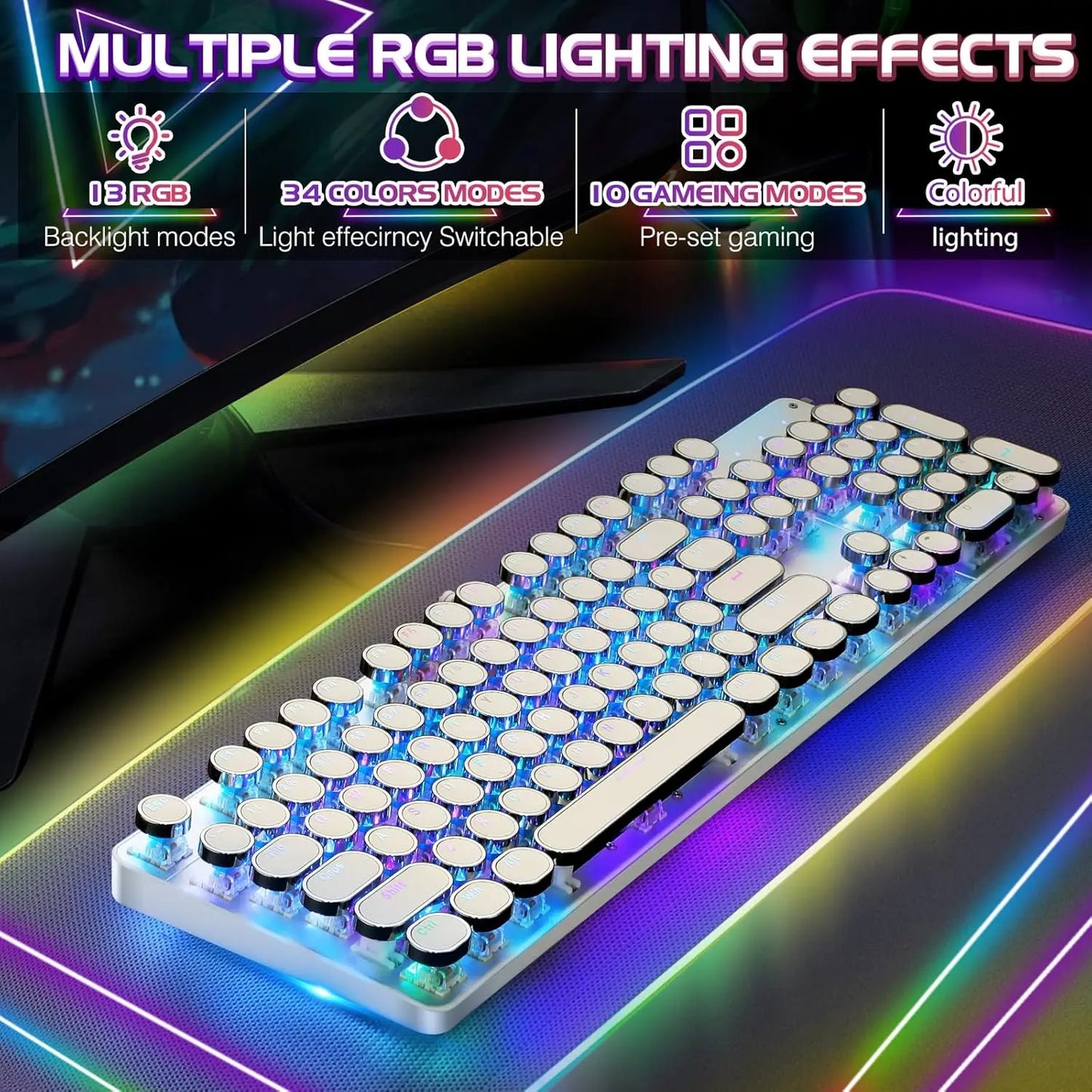 Typewriter Style Mechanical Gaming Keyboard RGB Backlit Wired Blue Switch 104 Keys White