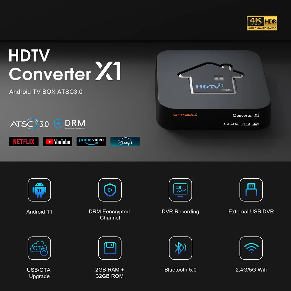 GTMEDIA HDTV Converter X1 ATSC3.0 4K HDR Android 11 TV BOX ATSC Smart Decoder DVR Recording Free,