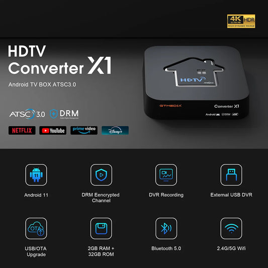 GTMEDIA HDTV Converter X1 ATSC3.0 4K HDR Android 11 TV BOX ATSC Smart Decoder DVR Recording Free,