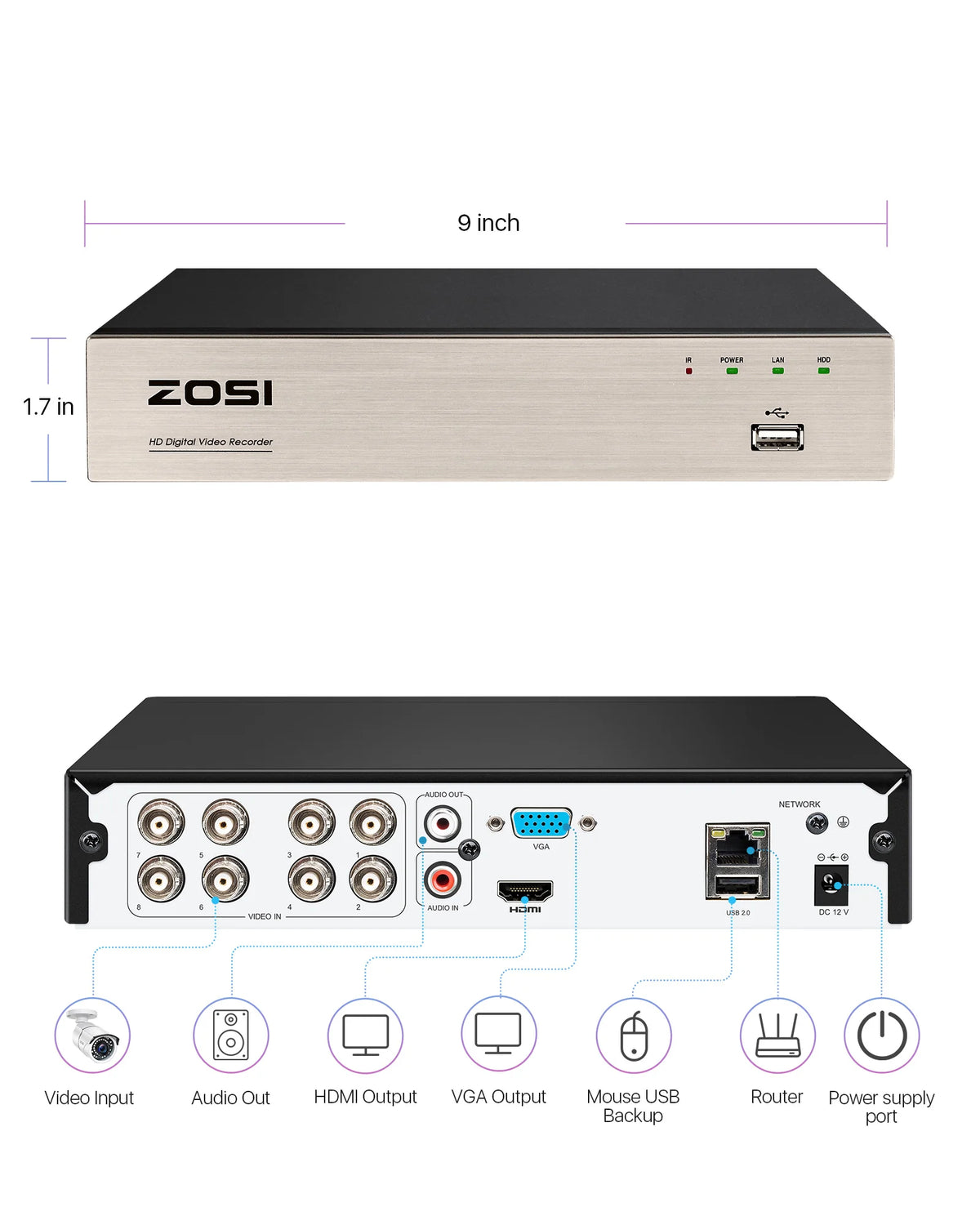 ZOSI 1080P 8CH CCTV DVR Recorder 8 Channel H.265+ Hybrid 4-in-1 Home Surveillance DVR for TVI/CVI/CVBS/AHD Analog Sececurity Cam