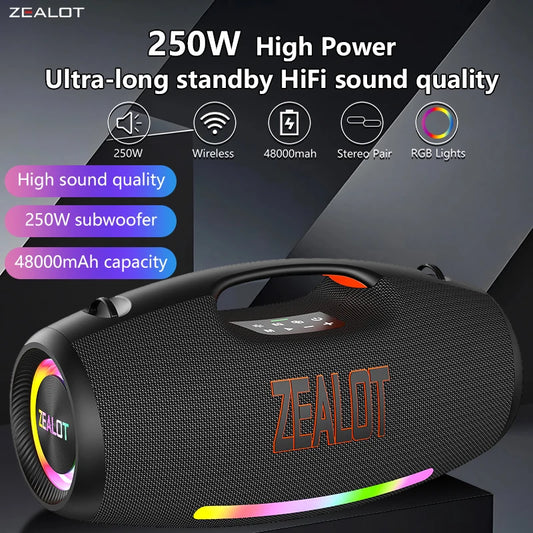 250W Portable Bluetooth Speaker High Volume Waterproof 48000mAh Subwoofer TWS Wireless Support USB / TF / Aux RGB lig