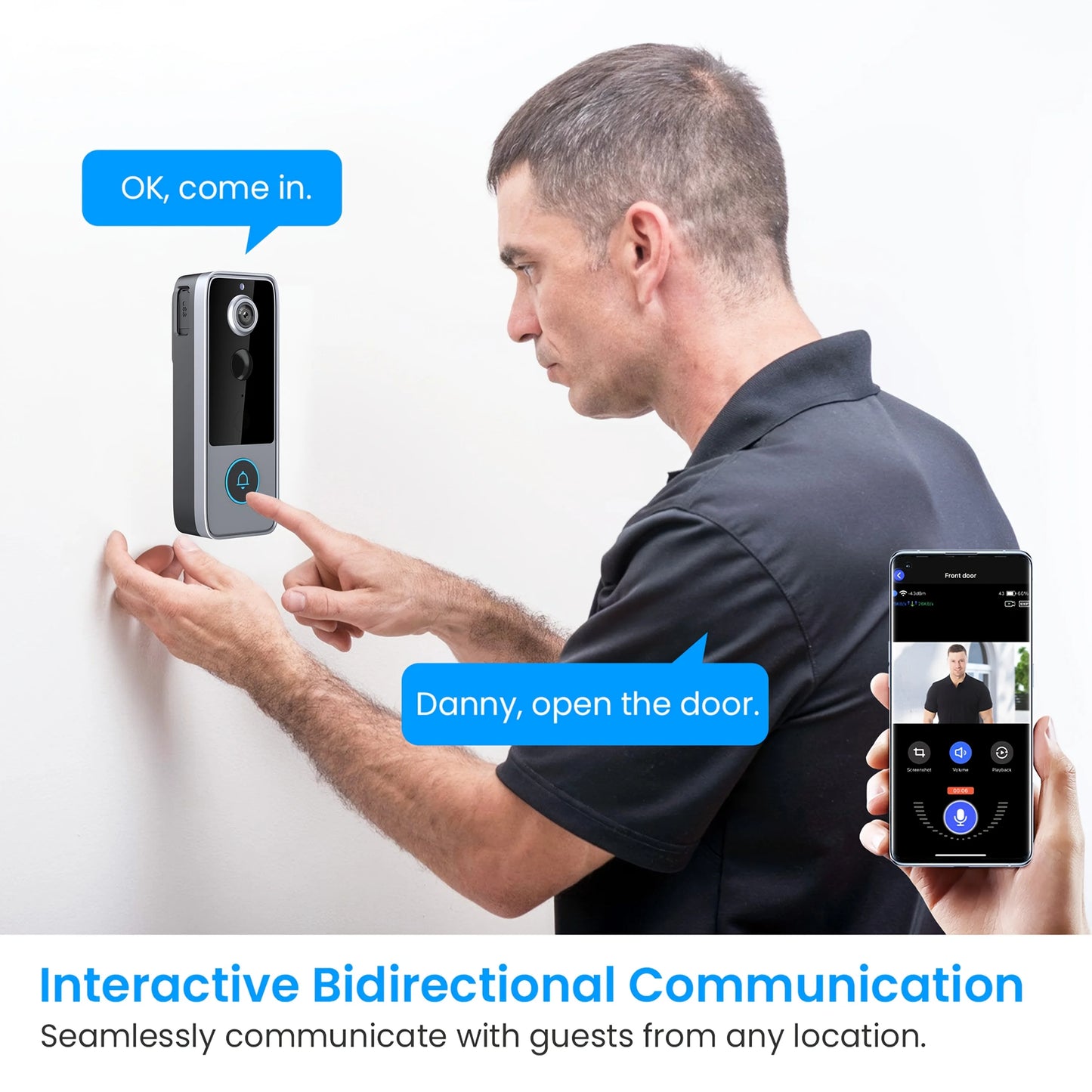 Wireless Smart Video Doorbell, 1080P Video Doorbell, 4000Mah Battery Power Supply, IP65, Intelligent Detection, Active Wake-Up, Night Vision, SD Card Video Storage, No Need to Purchase Cloud Storage, Home Indoor And Outdoor M