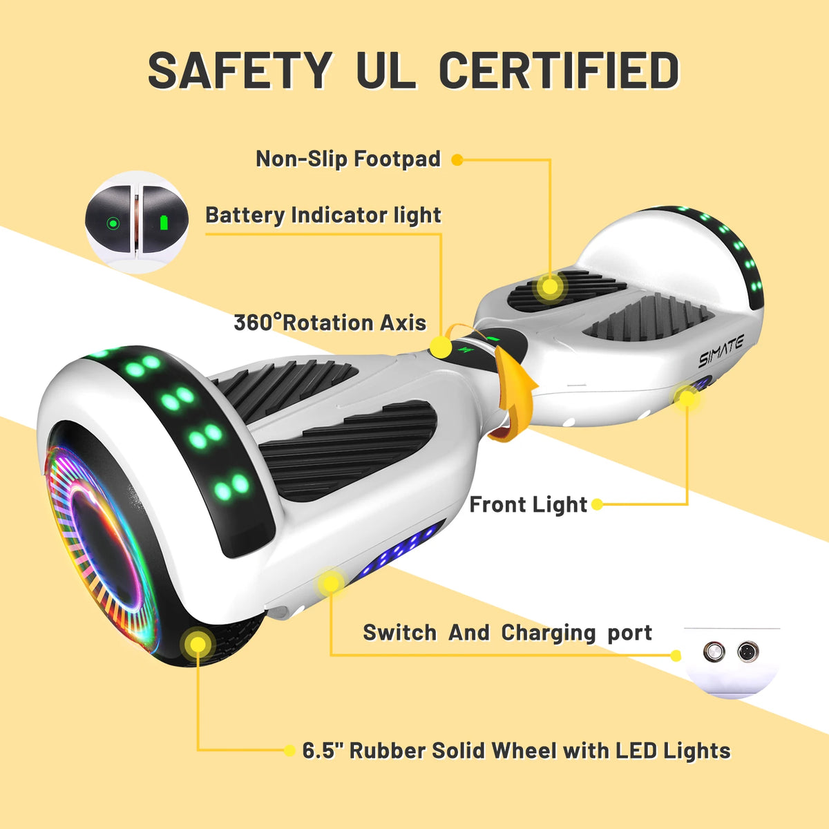 SIMATE Hoverboard With Bluetooth All Terrain LED Lights and APP Control, Gifts for Kids Adults Girls Boys, for All Ages, Self Balancing Scooter