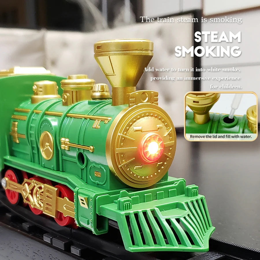 Simulation light and sound classic steam electric track train Children's assembly smoking train toy