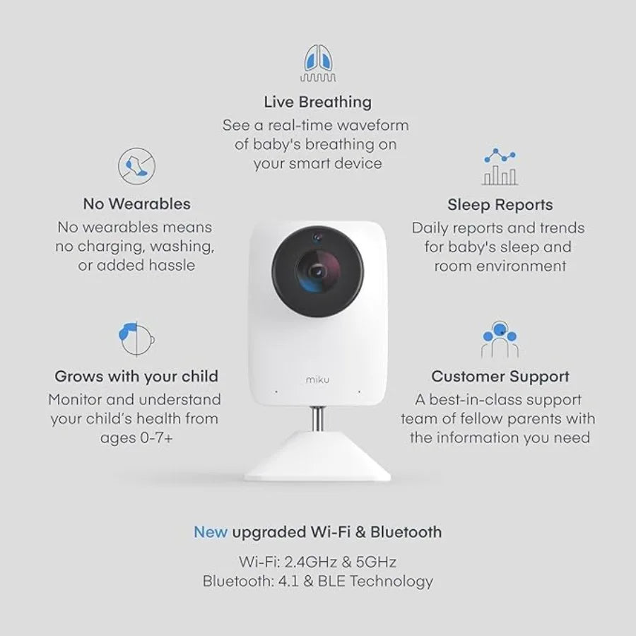 Smart baby monitor for nursery use, ABS plastic body in white, non-wearable real-time breathing tracking with 1080p Wi-Fi video