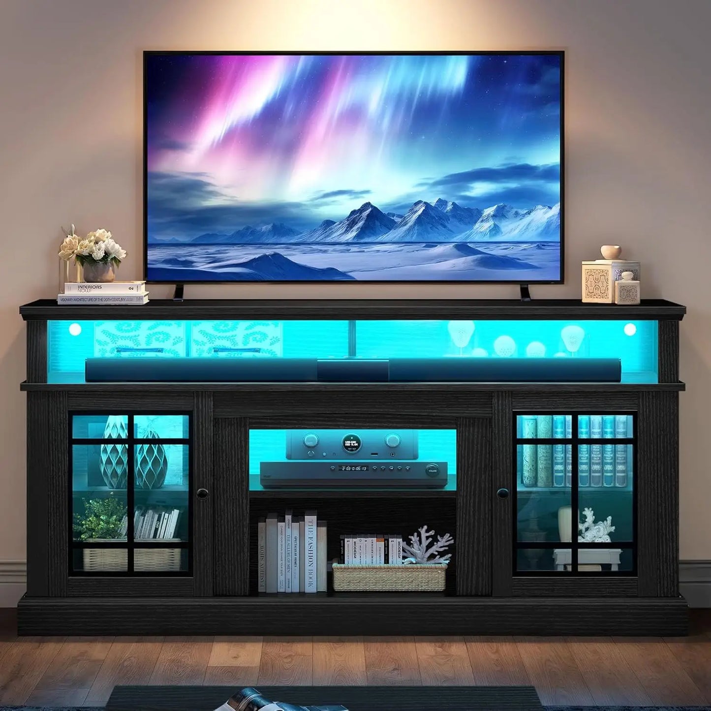 Black TV Stand for 75 Inch TV LED Modern Entertainment Center