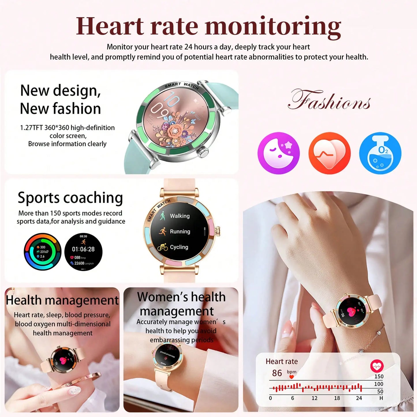 Elegant Round Smart Watch for Women 1.27" HD Screen Bluetooth Call Fitness Tracker Heart Rate SpO2 Sleep Monitor IP67 Waterproof Fashion Wristwatch