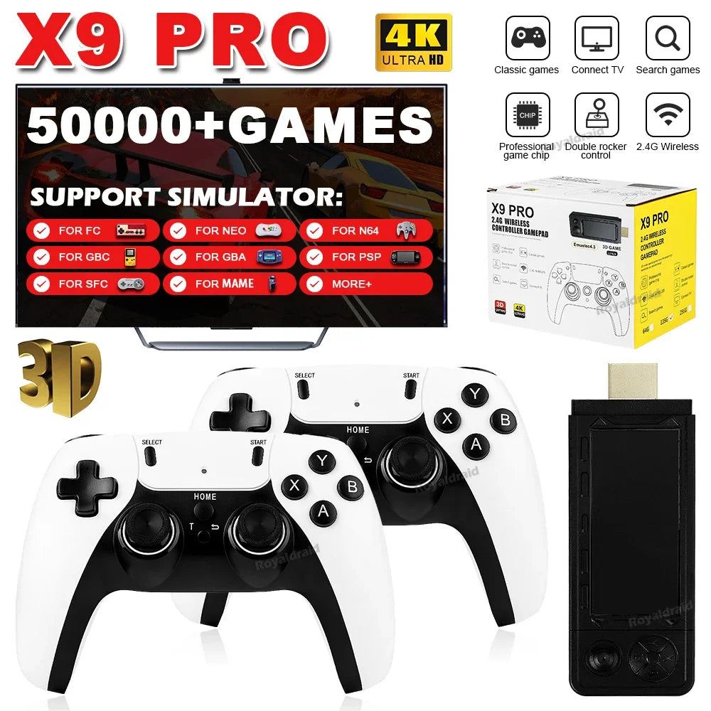 128G 256G X9 PRO GameStick 4KHD TV Video Game Consol 3D Games For Dual 2.4G Controller