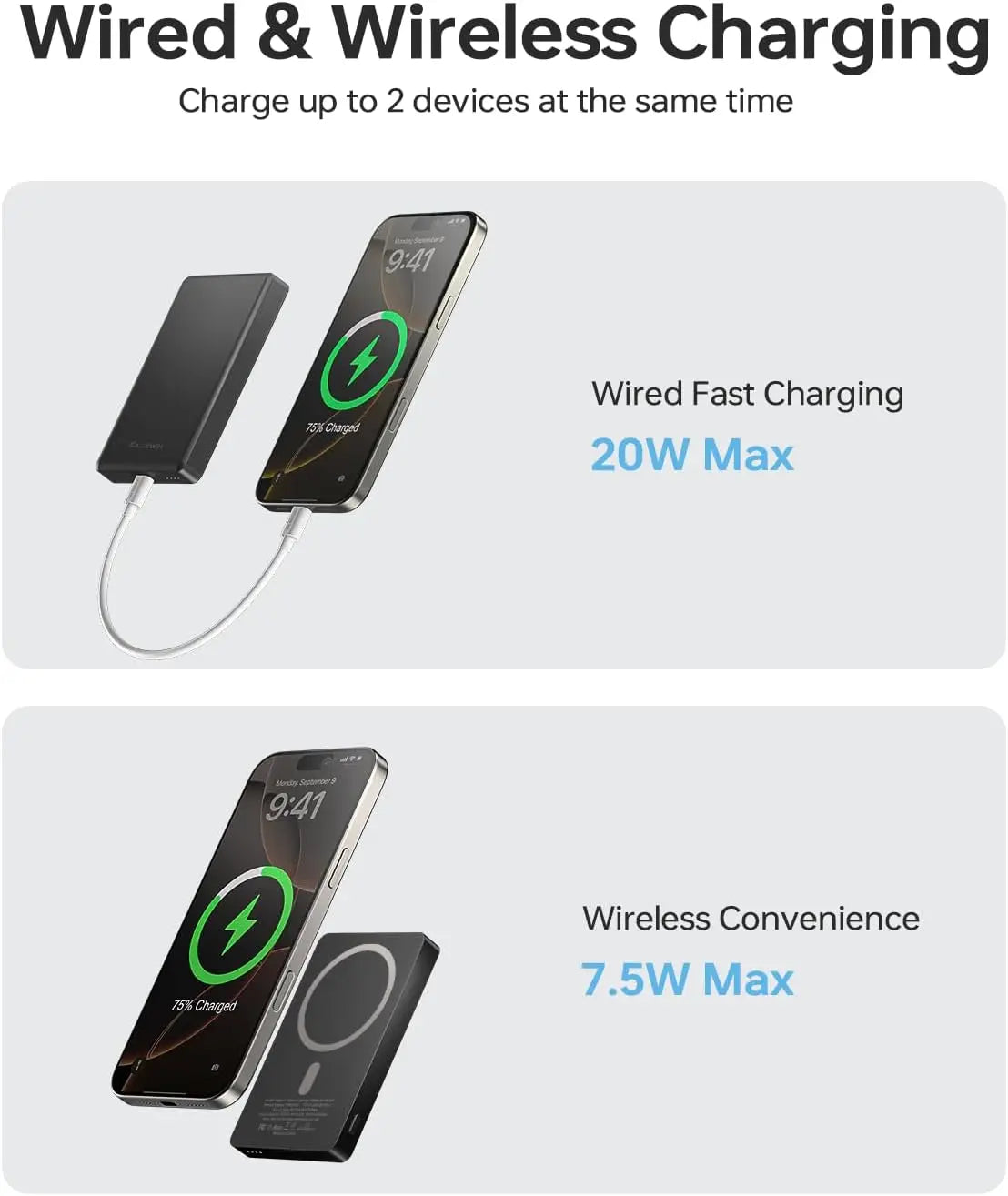 Power Bank, Ultra Slim, Fast Wireless Charger with USB-C Cable for iPhone 17/16/15/14/13/12 Series, All-Metal Design, Black