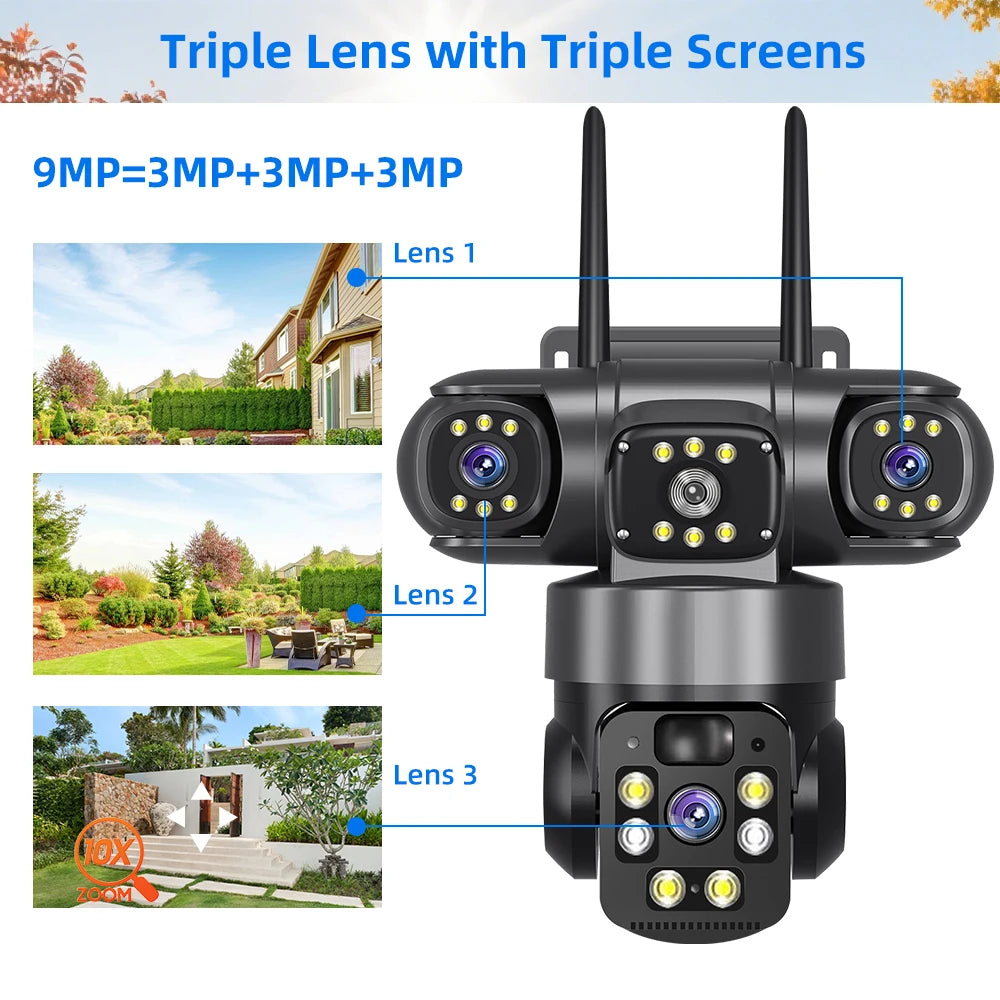 9MP Full HD Solar WiFi Camera 3 Screen Detect Camera Surveillance Night Vision Security Protection