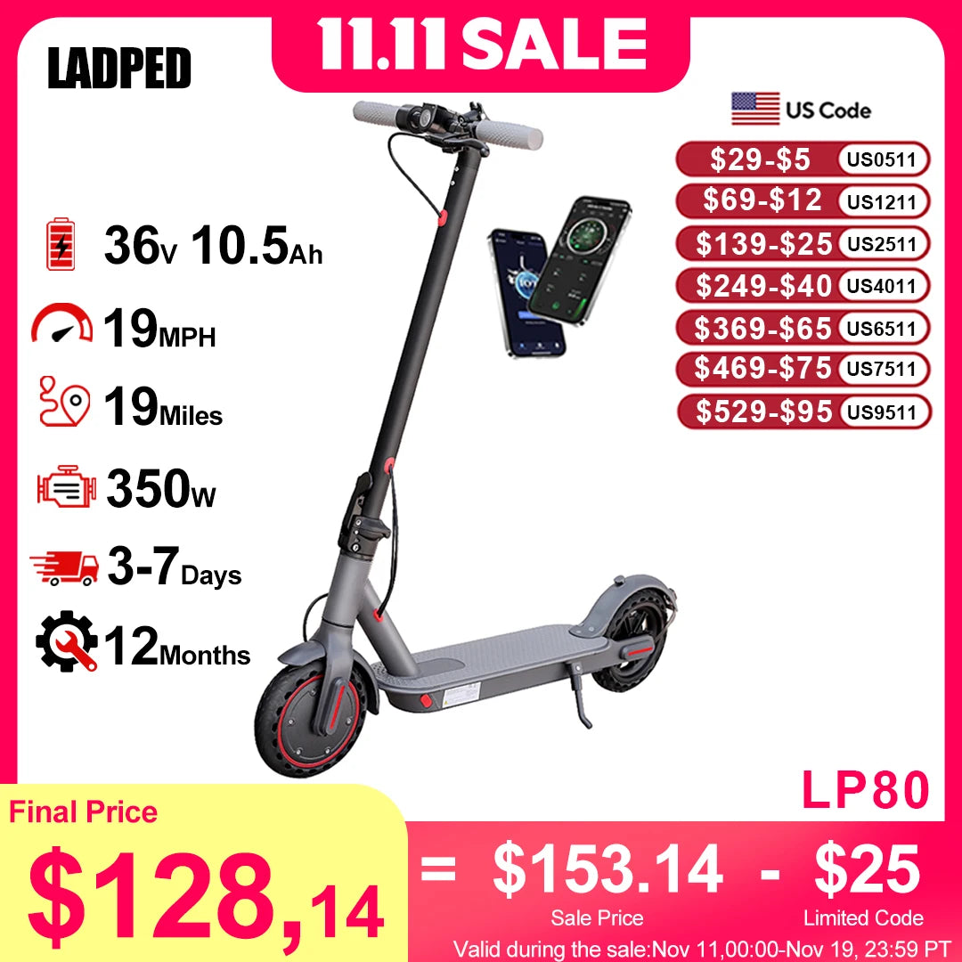 LADPED Electric Scooter 350W 19mph APP Smart Scooter Shock-absorbing Anti-skid ‎8.5 Inches