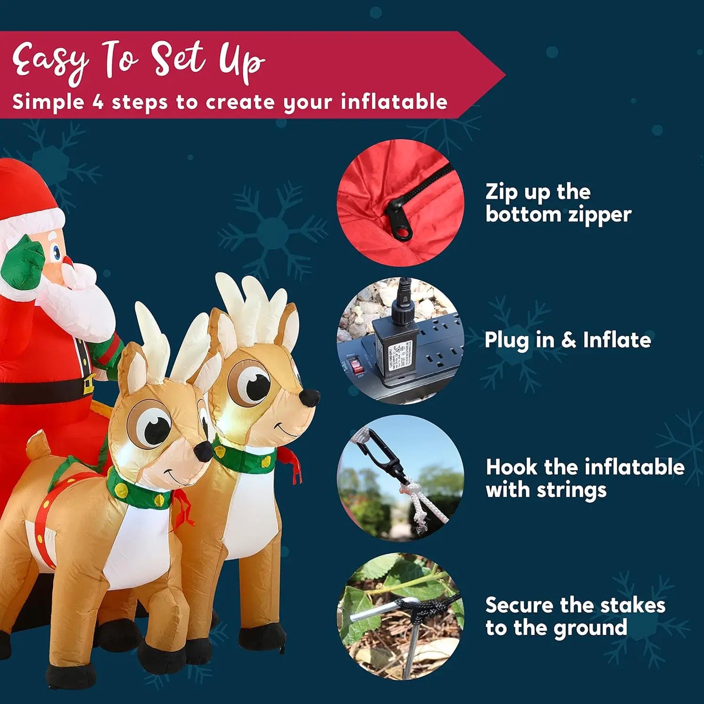 JOYFY 6 FT Long Christmas Santa on Sleigh with 2 Reindeer Inflatable Christmas with Build-in LED