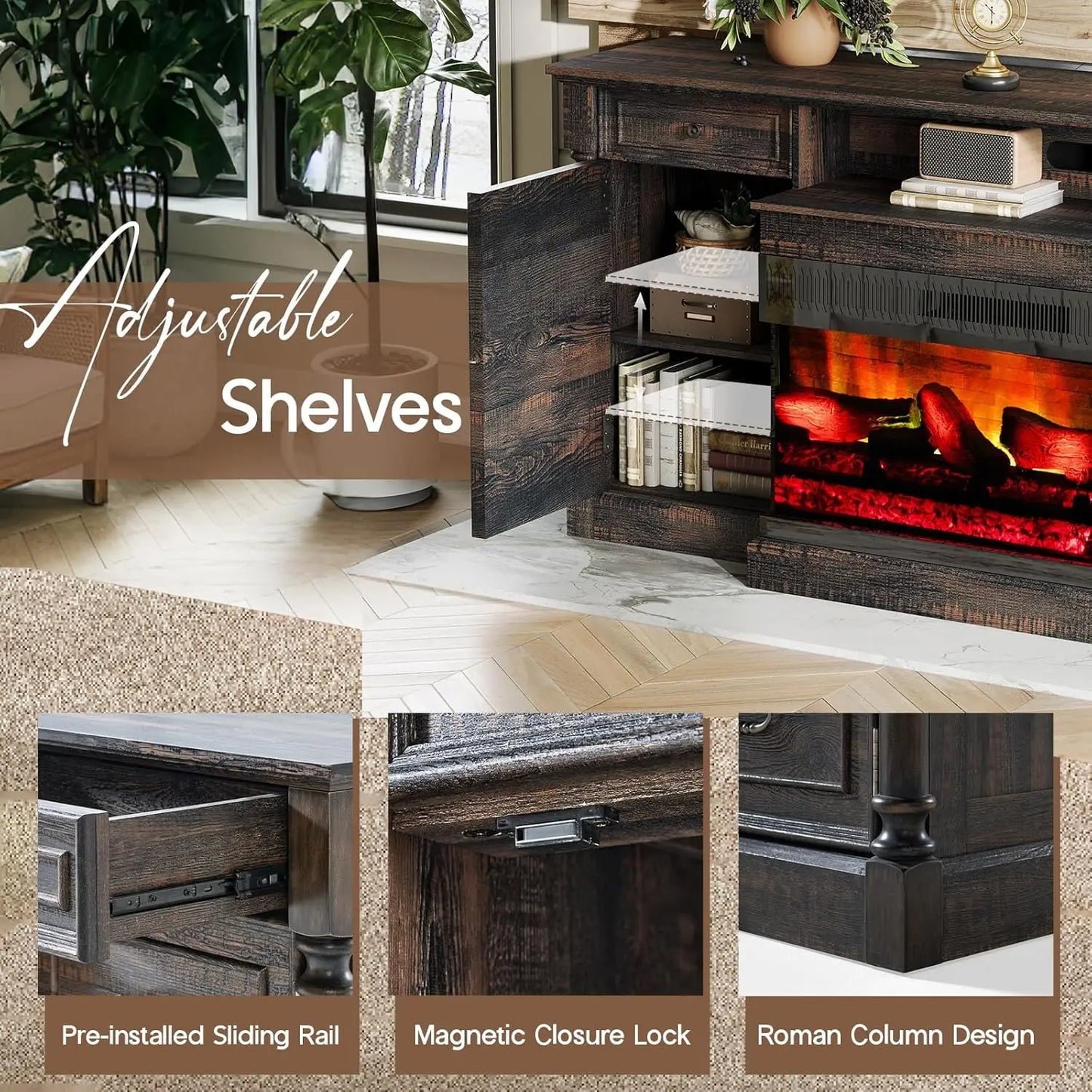 36 inch 3-Sided Glass Fireplace, 75 inch Large TV Console,
