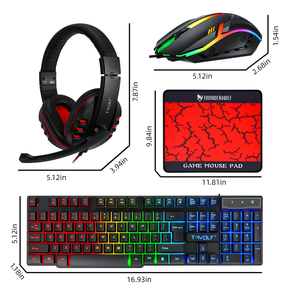 4 in 1 Gaming Combo Set RGB Keyboard Mouse Headset Large Mousepad Wired USB Rainbow LED Back to School PC Gamer Kit for Desktop Laptop