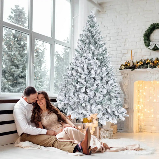 6.9ft White Flocked Artificial Christmas Tree, Snow Christmas Holiday Pencil Tree,