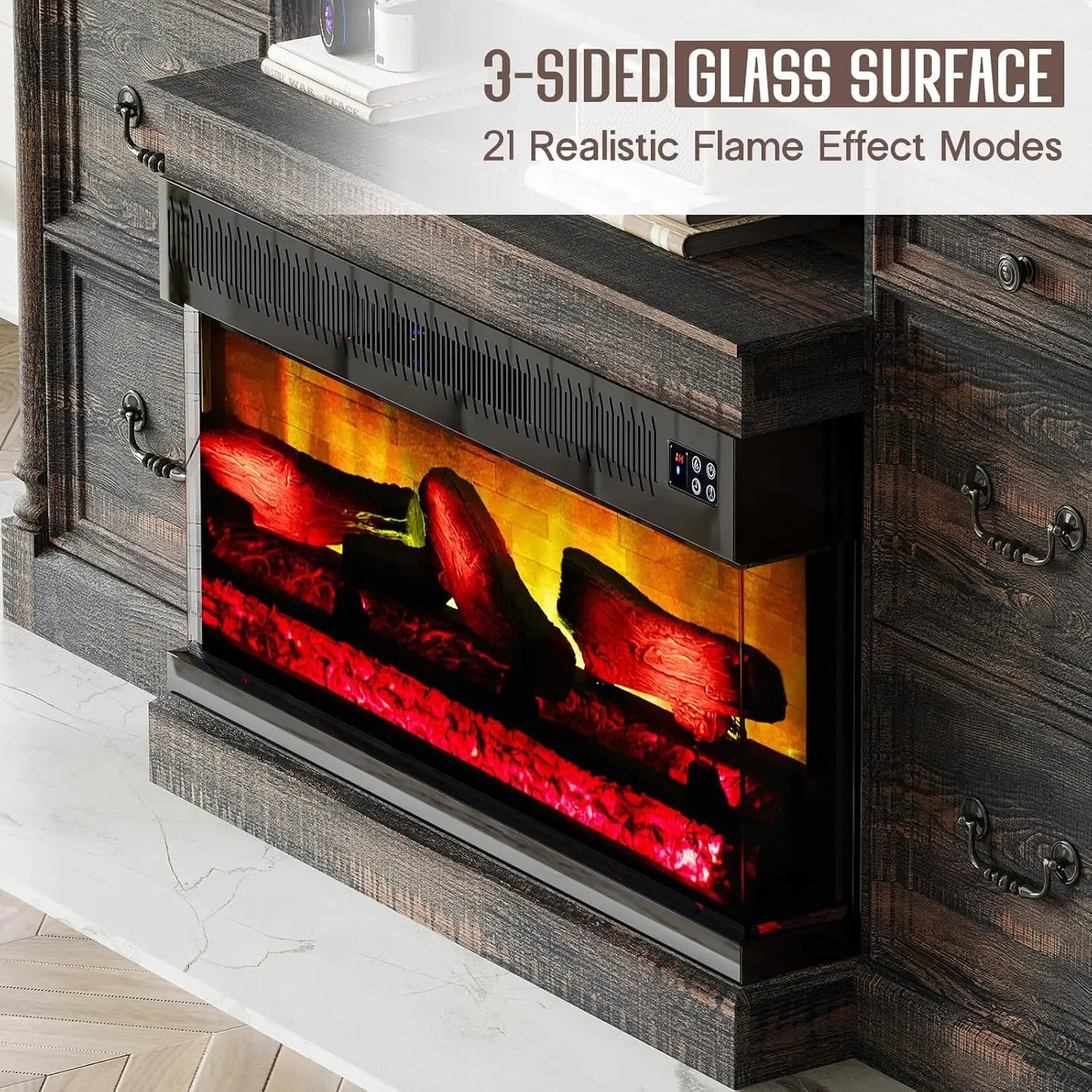 36 inch 3-Sided Glass Fireplace, 75 inch Large TV Console,