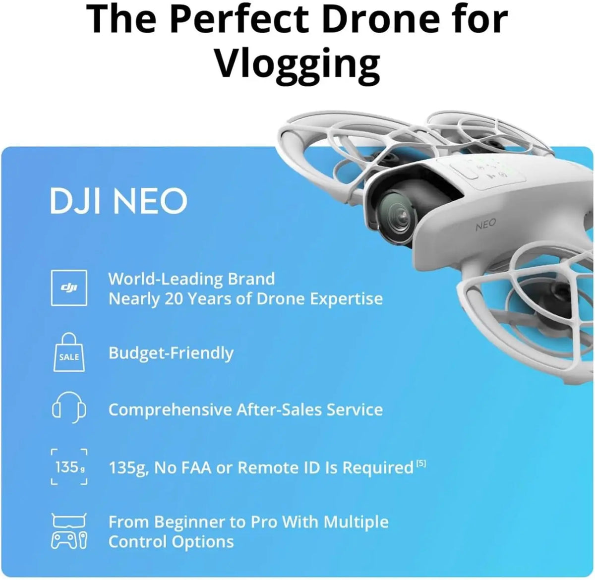 DJI Neo, Mini Drone with 4K UHD Camera for Adults,135g Self Flying Drone that Follows You, Palm Takeoff, Subject Tracking, QuickShots, Stabilized Video, Built-In Propeller Guard