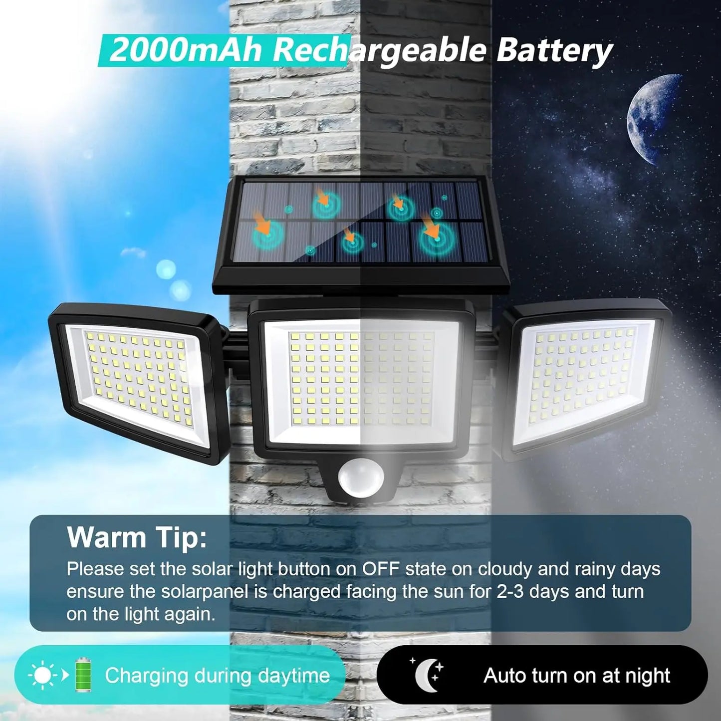 Waterproof Triple Head Outdoor Solar Light, Motion Sensor Safety