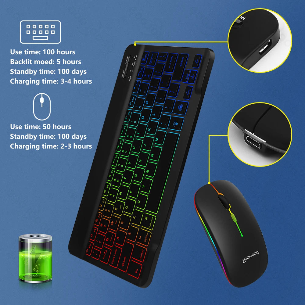 10inch RGB Backlit Rechargeable  Bluetooth Keyboard Wireless Keyboard Bluetooth Mini Keyboard for Spanish Russian Keyboard