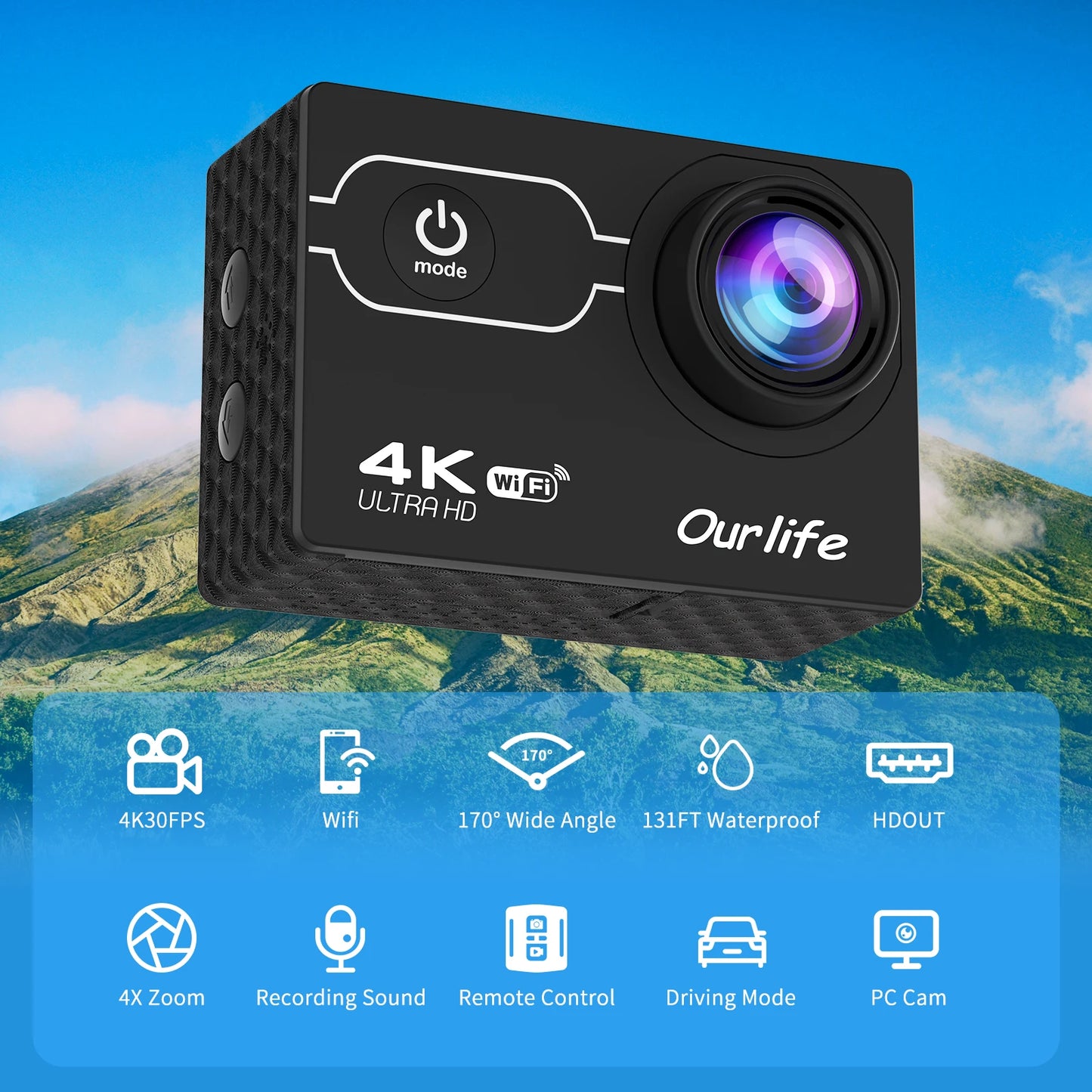 4K Action Camera Ultra HD WiFi 2.0-inch Screen 30M Waterproof