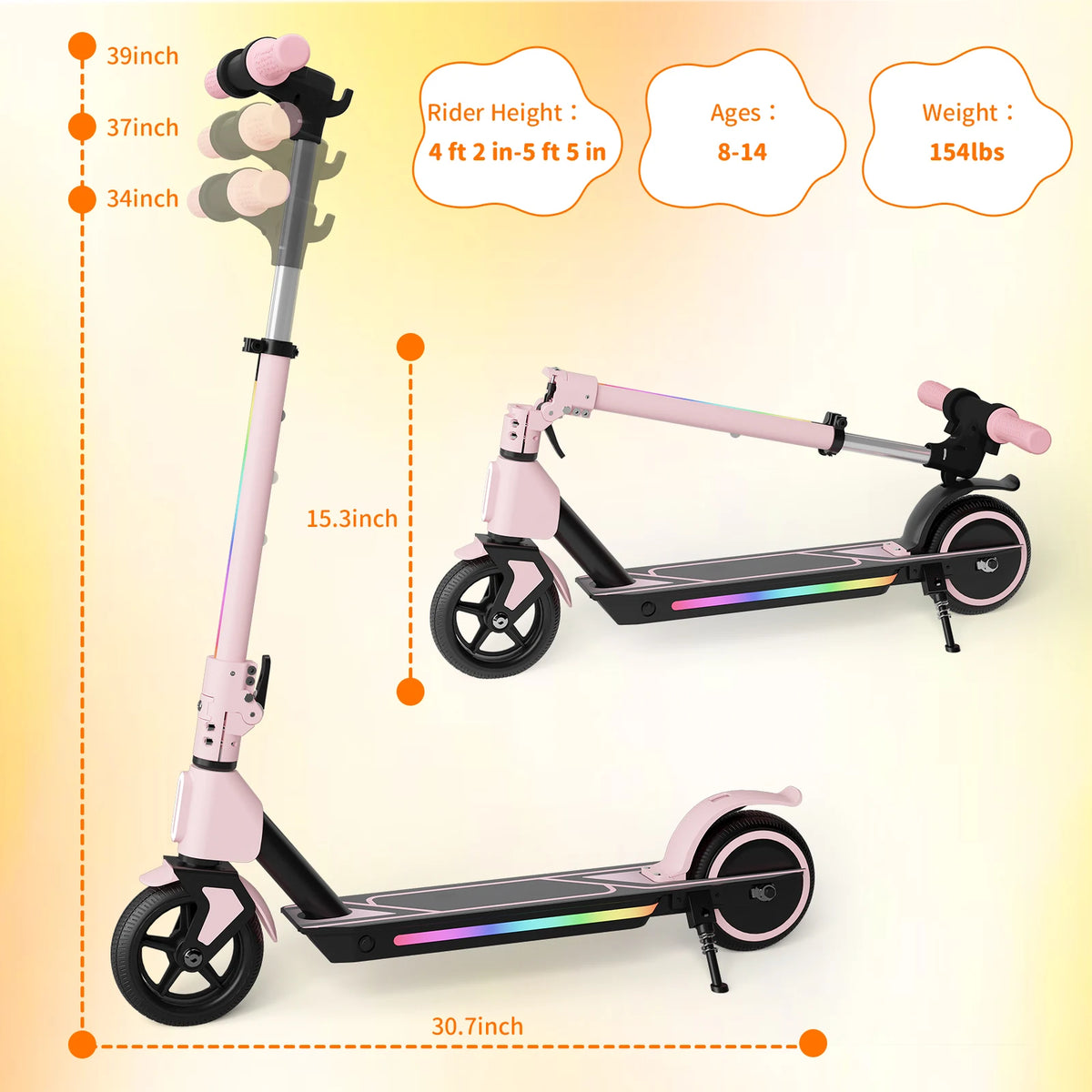 Electric Scooter for Kids Age 6-14,  3 Adjustable Height with LED Display, Front Light & Deck Lights, Lightweight Foldable Scooter with Dual Brake System