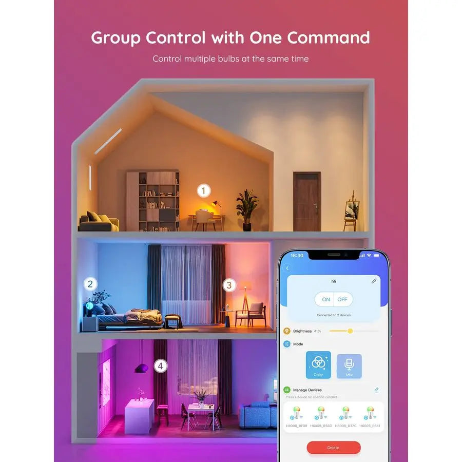 Smart Light Bulbs, WiFi Bluetooth Color Changing Bulbs, Music Sync, 54 Dynamic Scenes, 16 Million DIY Colors RGB Light Bulbs, Wo