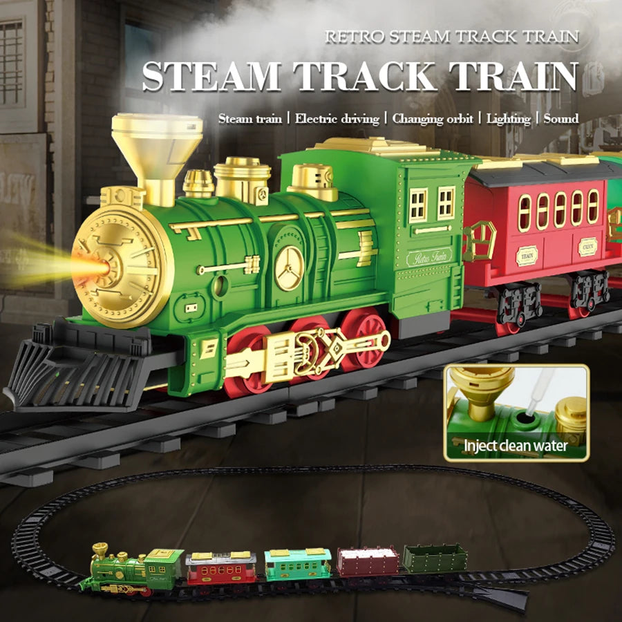 Simulation light and sound classic steam electric track train Children's assembly smoking train toy