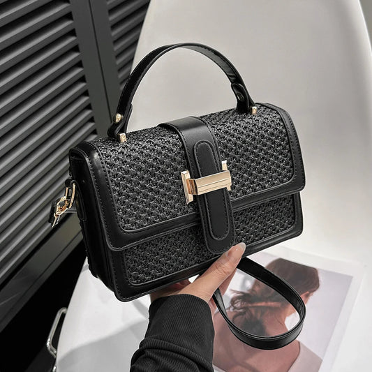 Leather Straw Crossbody Bag Flap Shoulder Bag with Adjustable Strap