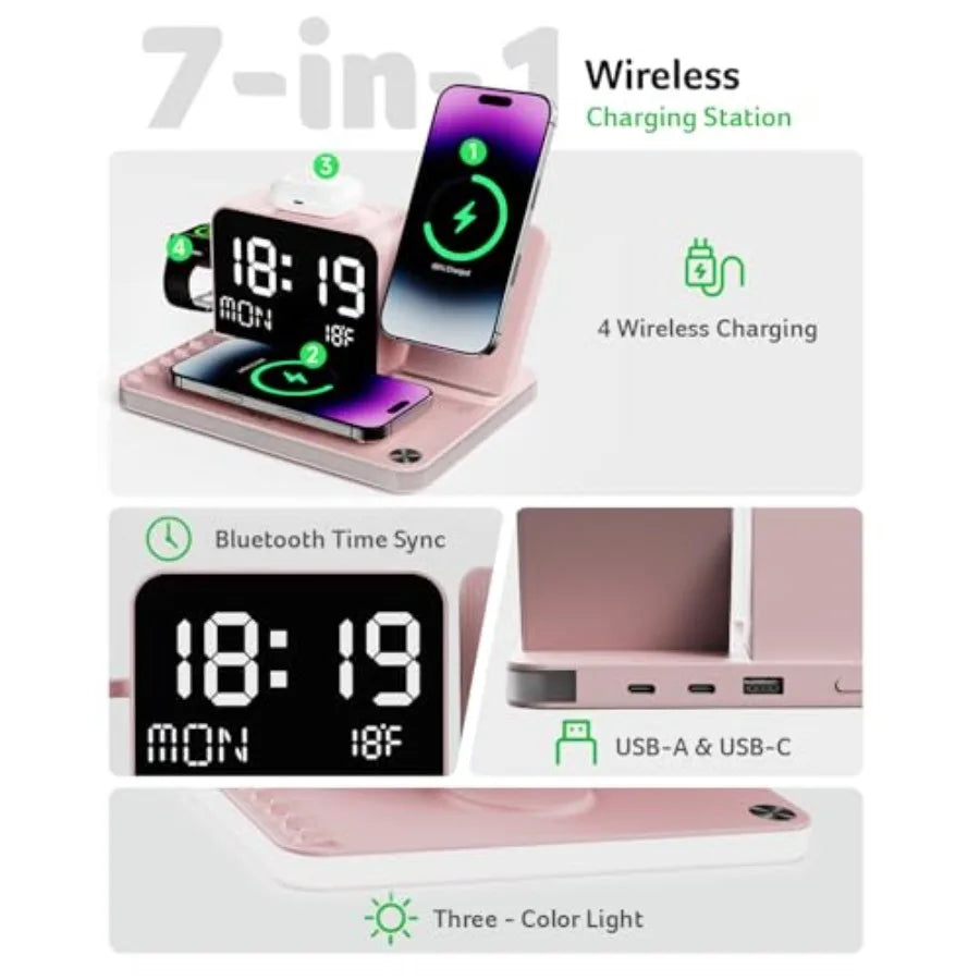 7-in-1 Wireless Charging Station with LED Clock - 30W Fast Wireless Charger for iPhone 16/15/14/13/12/Pro Max Apple Watch AirPo