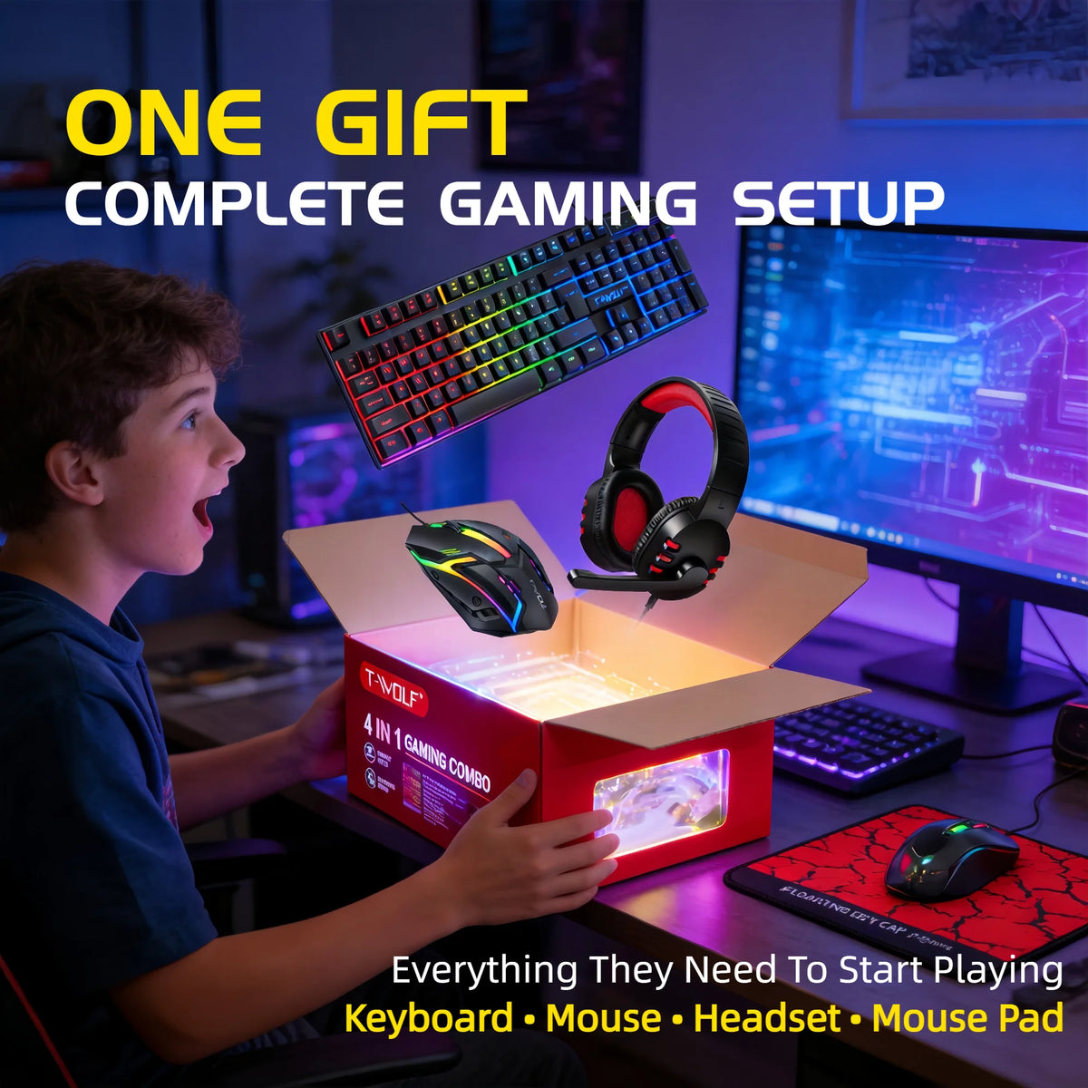 4 in 1 Gaming Combo Set RGB Keyboard Mouse Headset Large Mousepad Wired USB Rainbow LED Back to School PC Gamer Kit for Desktop Laptop