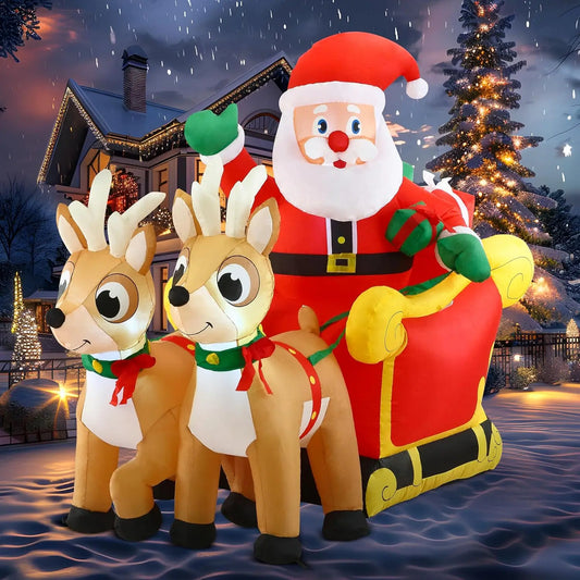 JOYFY 6 FT Long Christmas Santa on Sleigh with 2 Reindeer Inflatable Christmas with Build-in LED