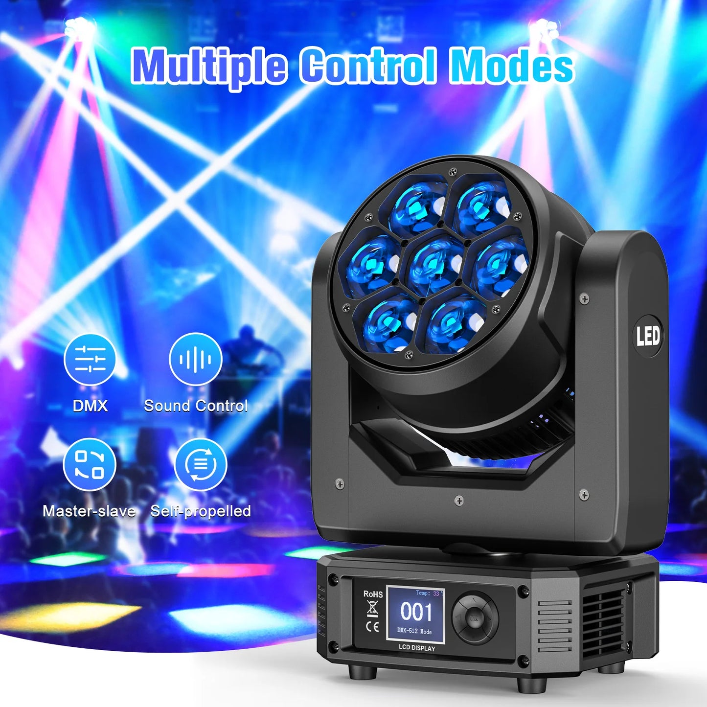Yiflamefly 300W Wash Beam Moving Head Light 7X25W  Zoom Stage Lights  Light For Christmas wedding Party