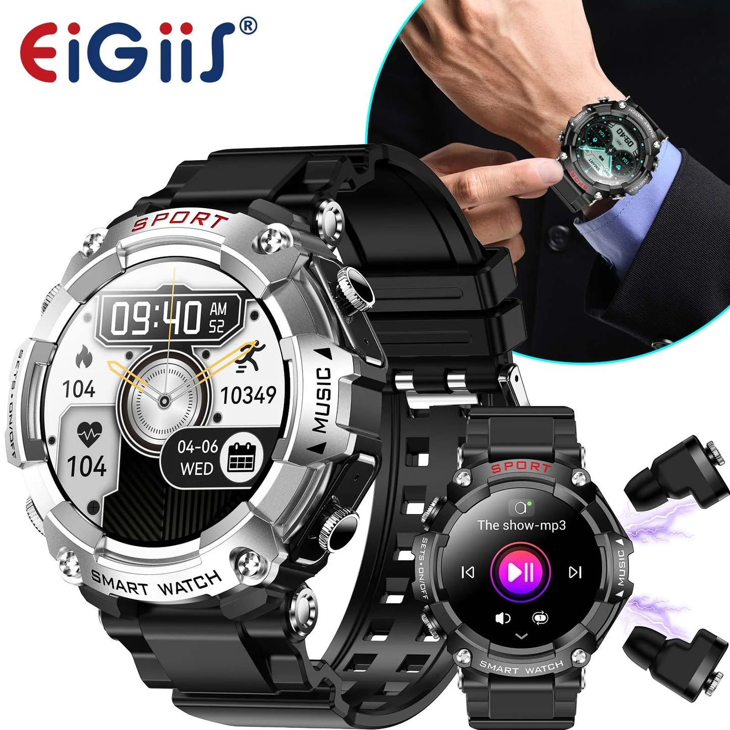 EIGIIS Smart Watch With In-Ear Bluetooth Headset Heart Rate Blood Pressure Oxygen Monitoring HD Audio